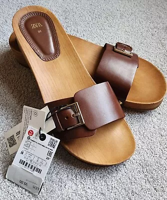 ZARA - Cognac Brown Leather Open Toe Wood Sandals / Slippers / Clogs - EU 38 • $51.16