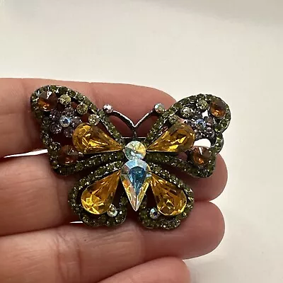 Modern Silver Tone Yellow Rhinestone Butterfly Brooch Pin Q72 • $4.25