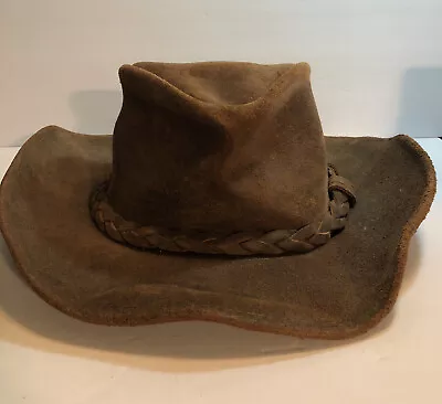 MINNETONKA Suede Leather Outback Hat Size MEDIUM Brown Braid Cowboy Western • $26.95