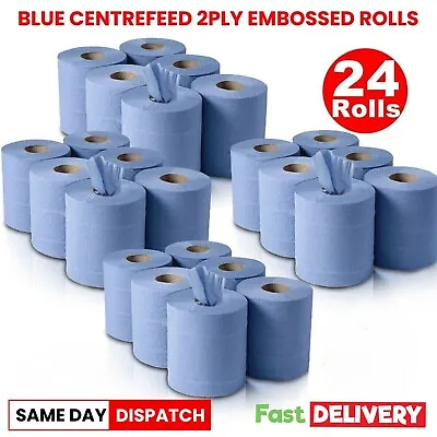 24 Rolls Blue Centre Feed Rolls 2ply Embossed Kitchen Hand Towels Paper Wipes • £26.59