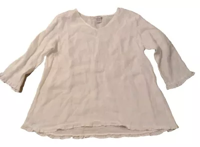 Match Point Blouse Womens Large Linen Lightweight Flowy Ruffle White Cooling • $24.99