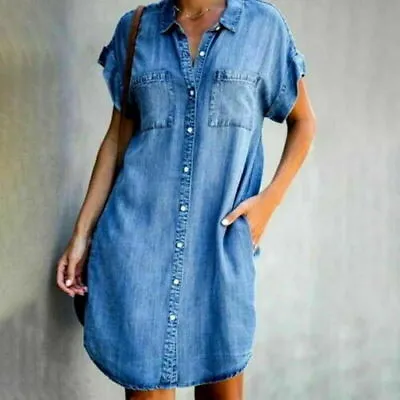 Summer Women Denim Midi Dress Ladies Short Sleeve Shirt Jeans Dress Plus Size UK • £17.74