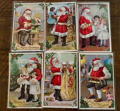 Lot Of 6 SANTA CLAUS~with Girls~Sled~Workshop~Toys~1910~Christmas Postcards Set • $99