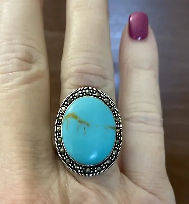 Sterling Oval Faux Turquoise & Marcasite Statement Ring Size 7.25 • $26.99