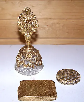 Vintage Matson Style Rose Vanity Ornate Gold Perfume Bottle + Compacts • $29.95