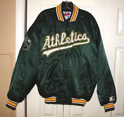 Vtg 90s STARTER Oakland Athletics BOMBER JACKET Snap Closure Sz L Elephant Patch • $125