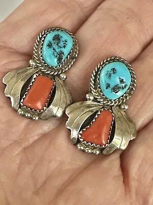 VTG  - NAVAJO Turquoise & Coral Sterling Silver Post Earrings 10gr. • $70