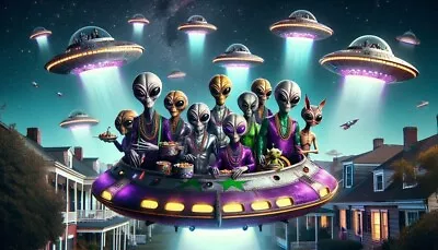 Mardi Gras Art Print Aliens Flying In To Party • $12.95