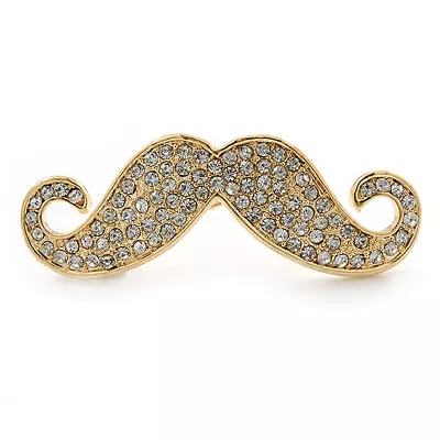 Quirky Clear Austrian Crystal Moustache Brooch In Gold Plating - 50mm Length • $13.66