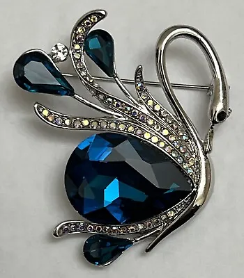 Swan Goose Bird Crystal Clear Glass Rhinestone Brooch Pin Vintage Aqua Blue AB • $10.80