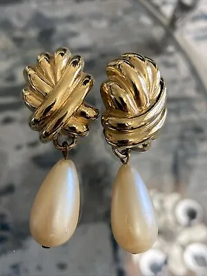 Vtg Givenchy Gold Tone Clip On Dangle Earrings Faux Pearl 2” • $38