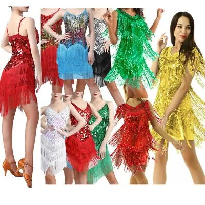 US Women Shiny Dance Dress Sequin Fringed Flapper Tassel Dress Latin  Costume • $25.84