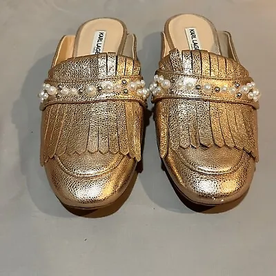 Karl Lagerfeld Gold Leather Mule Slides White Pearls 8.5 Gorgeous Excellent • $17