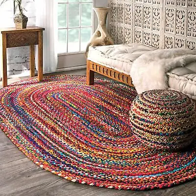 Oval Rug Cotton Braided Vintage Handmade Oriental Reversible Shaped Floor • $272.09