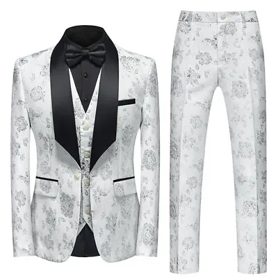 Men Floral Embroidery Groom Wedding Suits Blazer Coat+Vest+Pants 3Pc Dinner Suit • $93.47