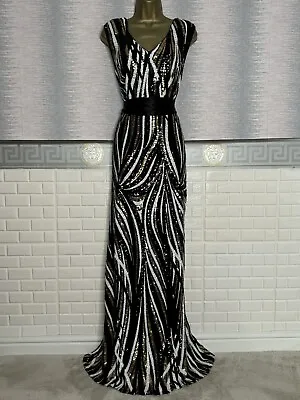 BNWT EZCLOZET RRP £129 Gold/white/black Sequins Maxi Long Evening Dress Size 14 • £49.99
