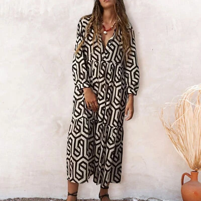 £22.02 • Buy Autumn Dress Turn-down Collar Workwear 3D Geometry Print A-Line Shirt Dress