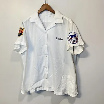 Vintage 70s Hilton Button Up Chain Stitched Bowling Shirt White Darting Team 44 • $49.45