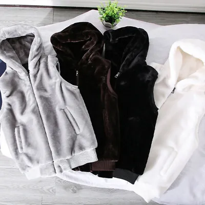Men Faux Fur Hooded Waistcoat Gilet Vest Sleeveless Jacket Flufft Furry Zip Tops • $38.55