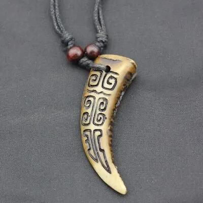 Carved Pendant Wolf Tooth Necklace Amulet Tooth With Adjustable Rope For Men • $9.97