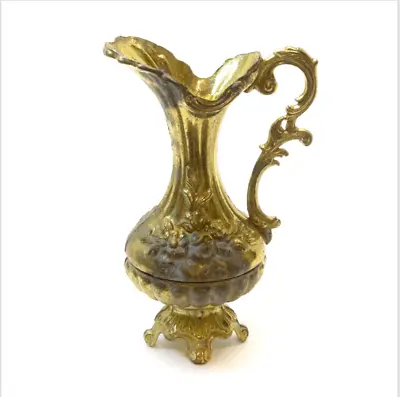 Vintage Small Pitcher Jug Vase Cast Metal Brass Tone Flower Ornate Victorian 7 H • $11.23