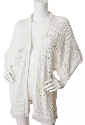 Margaret O'Leary Cardigan Small Crochet Open Knit Cotton Fringe Trim Sweater • $31.47