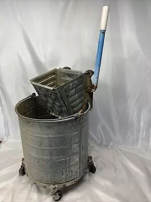 Vintage White Galvanized Steel Mopping Mop Bucket On Casters 8 Gal + • $169.99