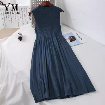 Elegant Pleated Knit Dress Basic Sleeveless A Line Sweater Vintage RomanticDress • $61.79