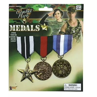 Combat Hero Medals British Soldier Army G.I Fancy Dress Costume 3 Gold & Ribbon • £3.99