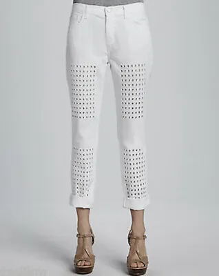 J. Brand Aidan Eyelet Panel Moto Boyfriend White Jeans Size 28 • $30