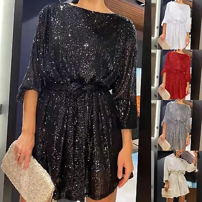 $46.50 • Buy Women's Holiday Party Sequin Beaded Lace Up Long Sleeved Dress Dresses
