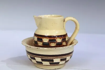 Antique Mocha Ware Checkered Pottery Austrian Slipware Pitcher  As Is Small 3  • $25