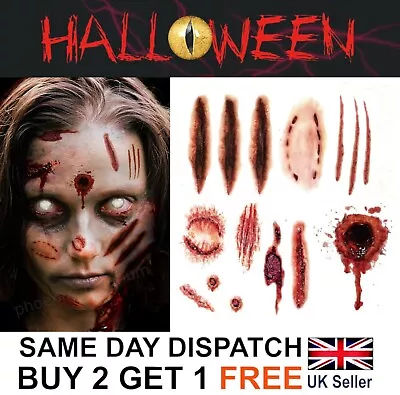 Halloween Zombie Scars Stitches Temporary Tattoos Bullet Hole Wound Face Make-Up • £2.69