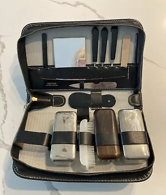 Vintage Men’s Travel Grooming Kit Zippered Black Leather Case Western Germany • $16