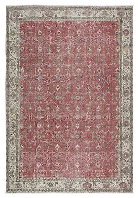 7.2x10.6 Ft Vintage Handmade Turkish Rug In Red & Beige With Flower Design • $1195.81