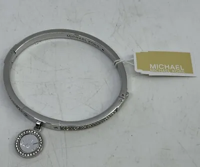 Michael Kors Stainless Steel Pave Hinged Bangle Bracelet Silver Tone W MK Charm • $49.99