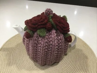 EXTRA THICK 4 Cup Tea Pot Cosy Hand Knitted Dusky Lilac With Shiraz Roses & Buds • $25