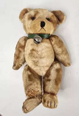 Teddy Bear Straw Stuffed Golden Jointed 8  Vintage Green Collar Bell Needs TLC • $24.99