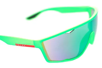 $251.16 • Buy PRADA SPORT 09US 4471M2 Men Wraparound Visor Sunglasses FLUO GREEN RUBBER MIRROR