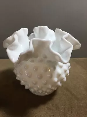 Vintage Small Fenton Milk Glass Hobnail Vase / Rose Bowl - Ruffled Edge - 1952 • $8.99