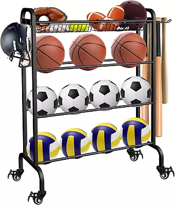 Ball Rack Organizer With Wheels 4Tier-Rolling Basketball Holder For Balls Sports • $89.99