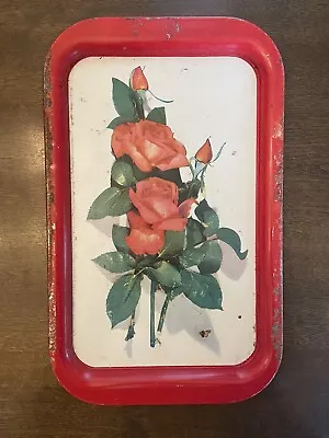 Vintage Metal Serving TV Lap Bed Tray With Red Roses On White Background 9x14  • $8