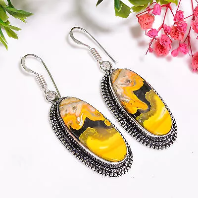 Bumble Bee Jasper Vintage Handmade 925 Sterling Silver Earrings 2.1  GSR-4460 • $16