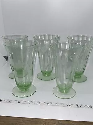 5 Vintage Floral Etched Parfait Crystal Glasses W/ Green Depression Glass • $49.99