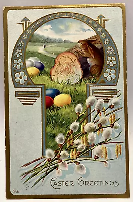 1912 Easter Greetings Rabbit Behind Log Easter Eggs Vintage Embossed Postcard • $4.95