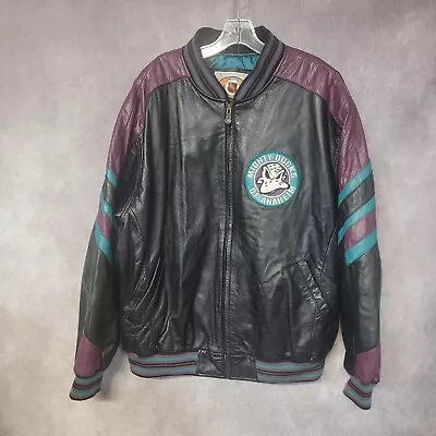 Rare Vintage 90s NHL Anaheim MIGHTY DUCKS Wild Wing Leather Bomber Jacket 2XL • $399.99