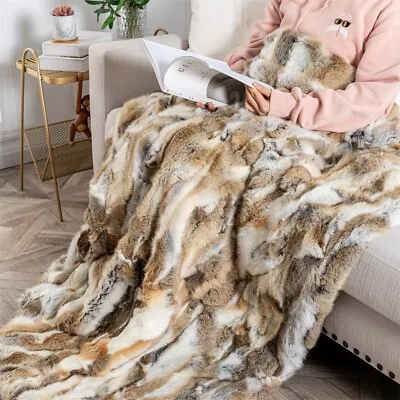 Real Fur Throw Soft Rabbit Fur Blanket Warm Luxury Quilt Bedspread 80inx76in • $149.99