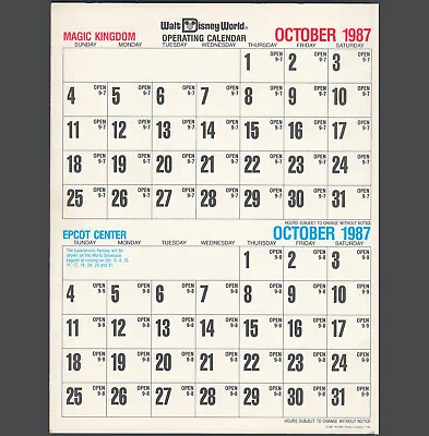 Vintage WDW Cast Operating Calendar And Hours 1987-1988 Magic Kingdom And Epcot • $14.99