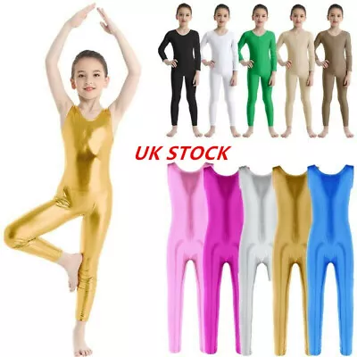 UK Kids Girls Metallic Catsuit Gymnastics Leotard Unitard Dance Fitness Costume • £12.91