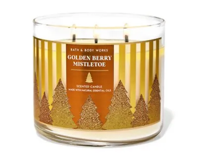 Bath &Body Works Goldenberry Mistletoe 3 Wick Candle White Barn FREE Shipping 🔥 • $21.95